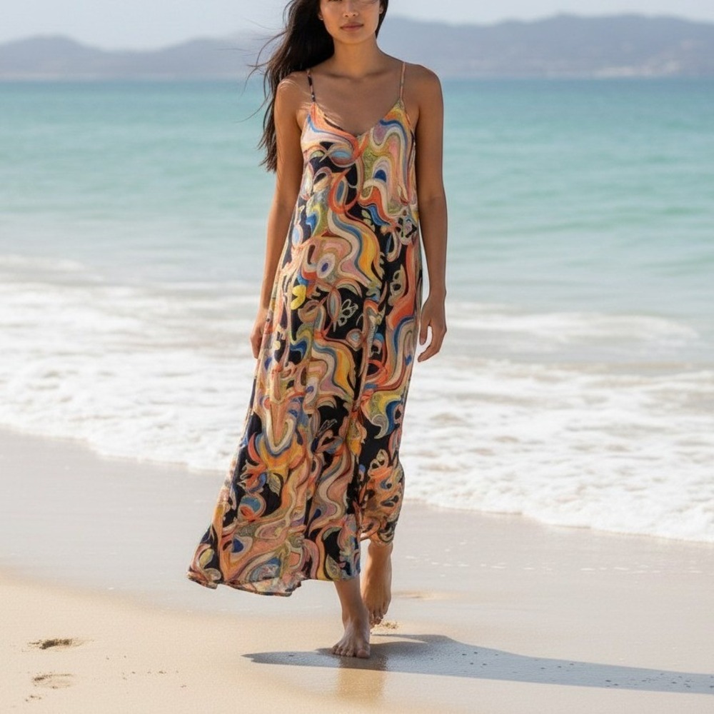Nicole Miller New York Abstract Swirl Print V-Neck Maxi Dress Multicolor M NWT